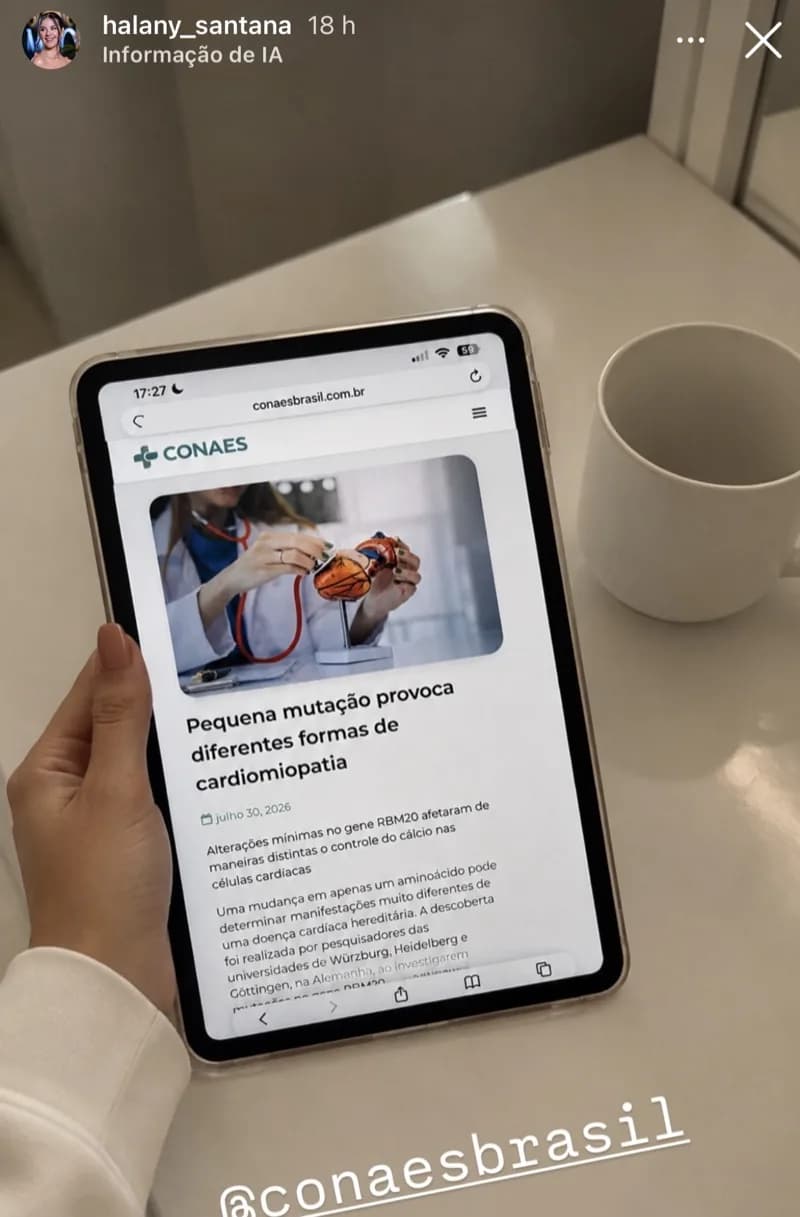 Story de @halany_santana lendo no tablet a matéria do CONAES sobre mutação no gene RBM20 e cardiomiopatia