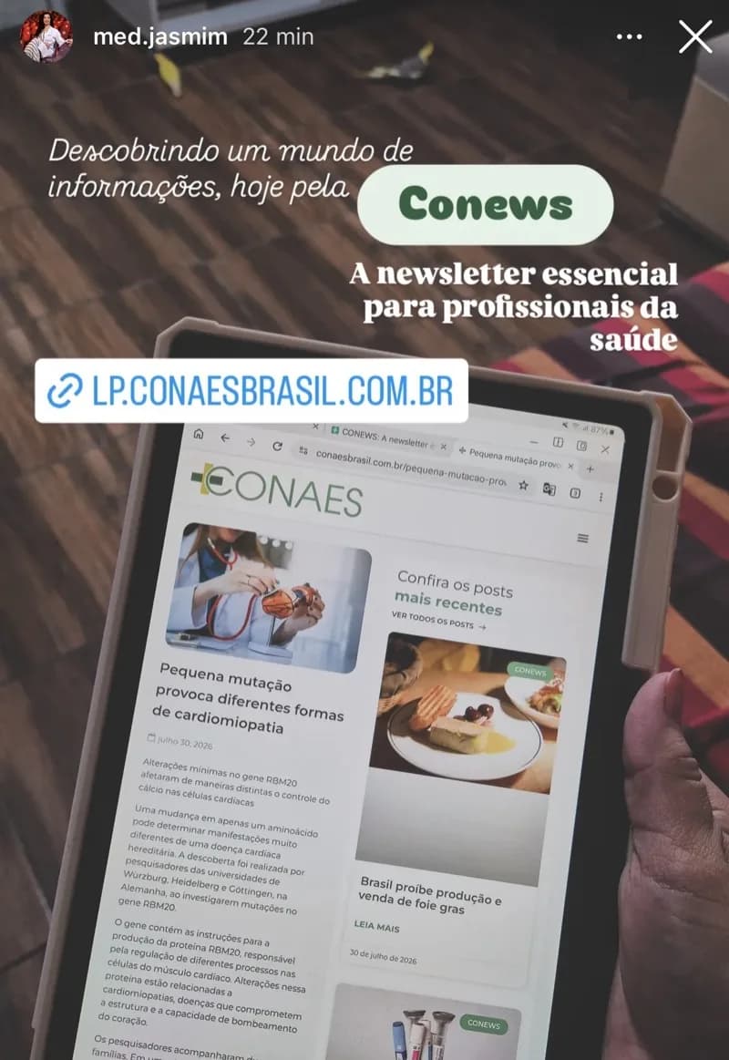 Story de @med.jasmim: 'Descobrindo um mundo de informações, hoje pela CONEWS, a newsletter essencial para profissionais da saúde'