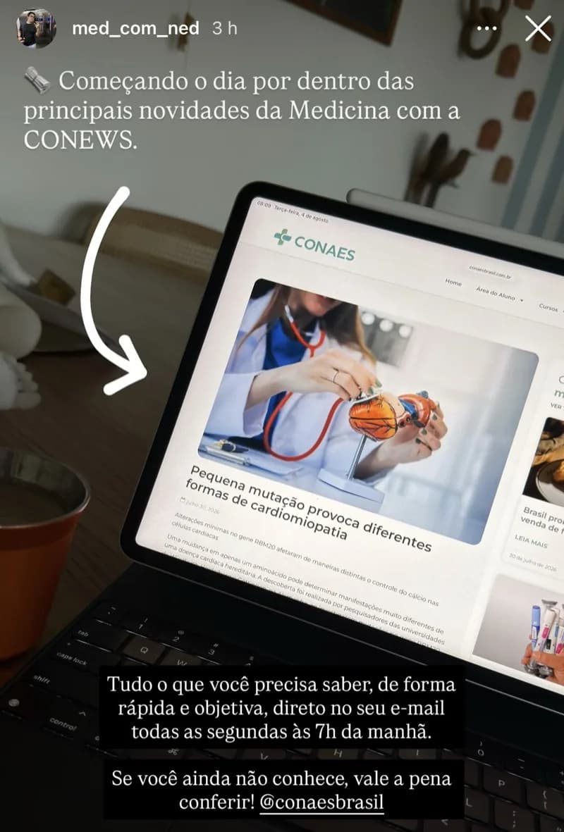 Story de @med_com_ned: 'Começando o dia por dentro das principais novidades da Medicina com a CONEWS', com a matéria sobre cardiomiopatia aberta