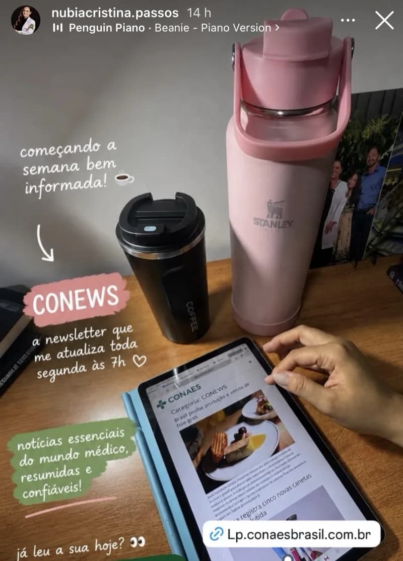 Story de @nubiacristina.passos: 'CONEWS, a newsletter que me atualiza toda segunda às 7h — notícias essenciais do mundo médico, resumidas e confiáveis'