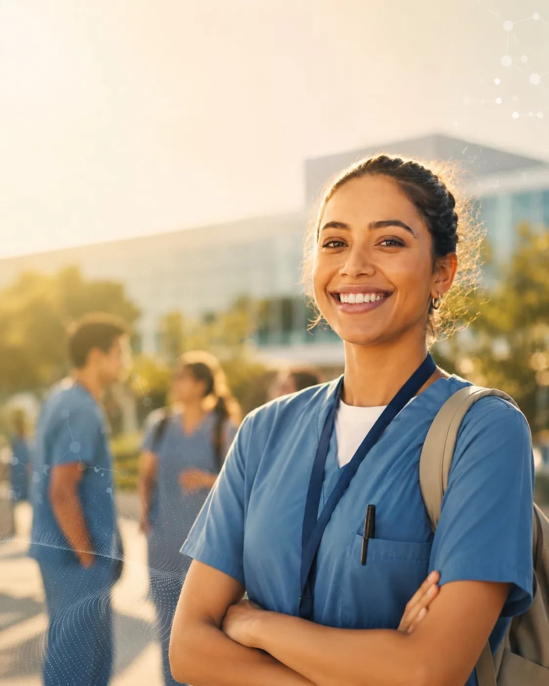Profissional da saúde sorrindo em ambiente universitário