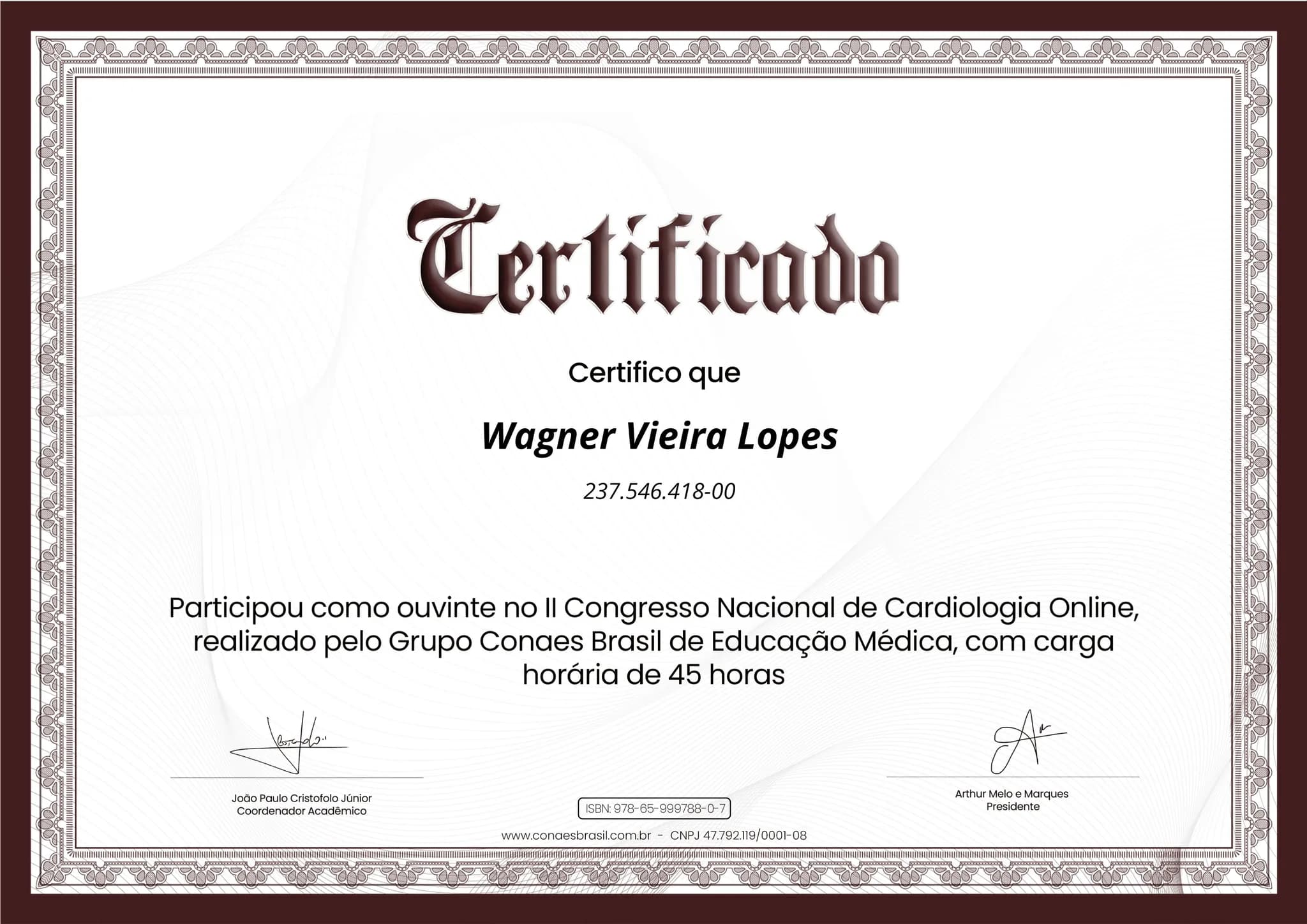 Certificado de 45 horas do II CONAUE, emitido pelo Grupo Conaes Brasil e registrado com ISBN